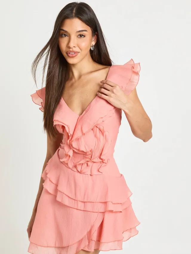 boohoo Dames Gestructureerde Mini-jurk Met Ruche-details Perzik