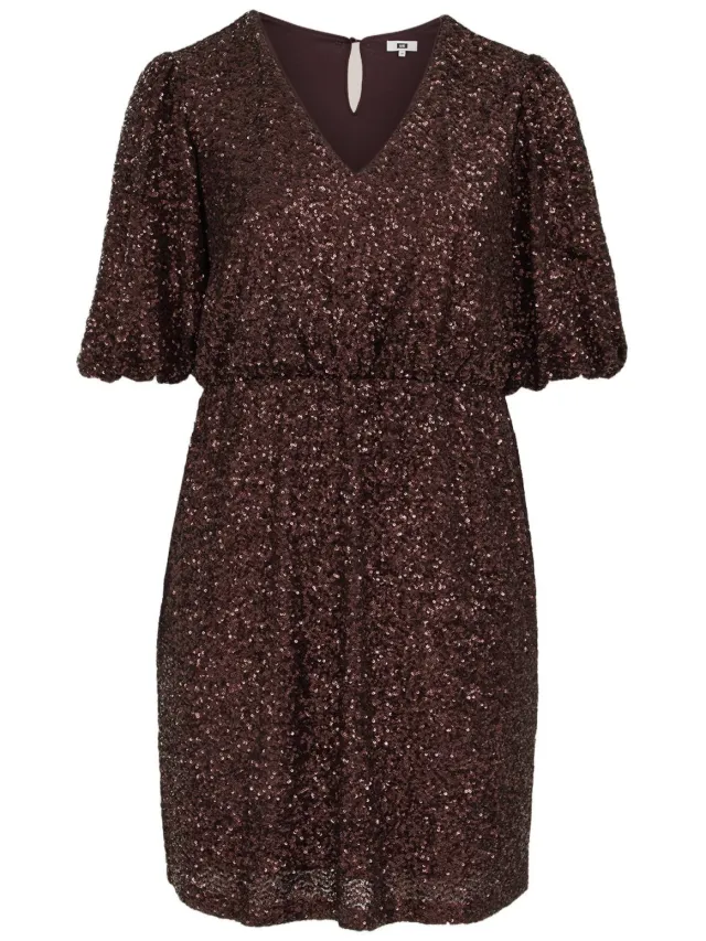 WE Fashion Curve Plus Size korte glitterjurk met pailletten - donkerbruin