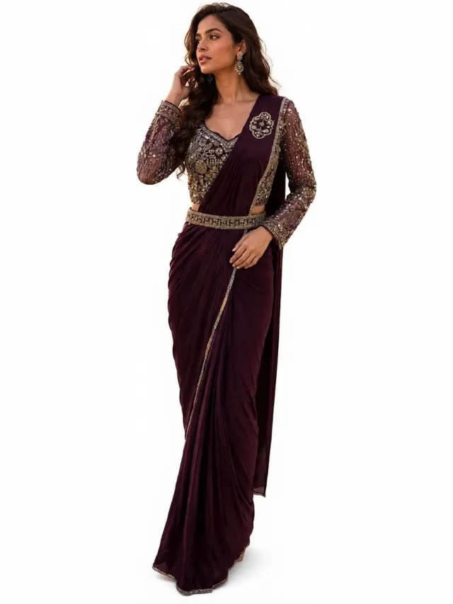 Simhera Threads Designer Wine Embellished Saree for Women | Party Wear & Wedding Saree with Sequined Blouse Wine / Burgundy