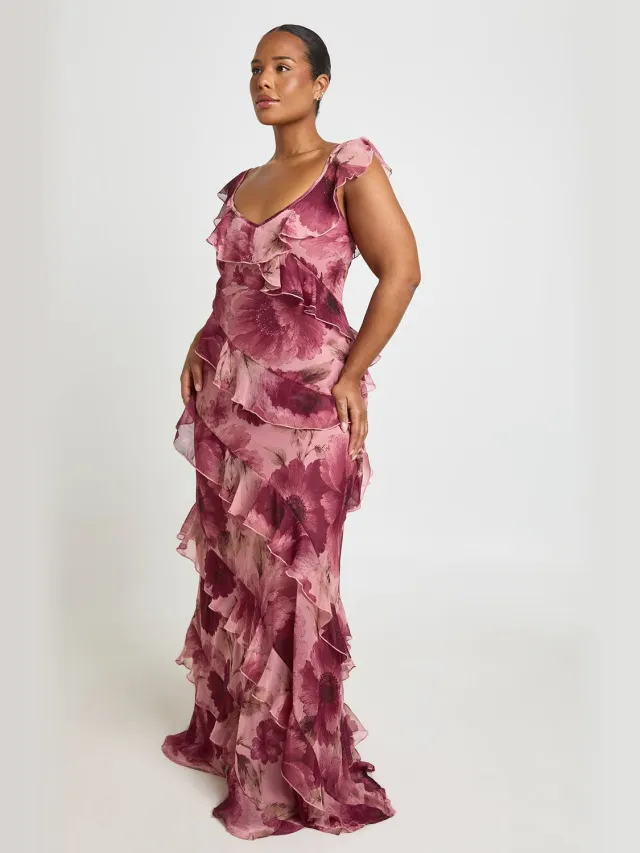 boohoo Dames Plus Bloemen Ruches Maxi Jurk roos