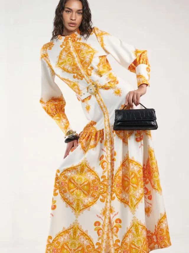 MSN Collection Paisleyprint Maxi-jurk met Ceintuur en Overhemdkraag Veelkleurig