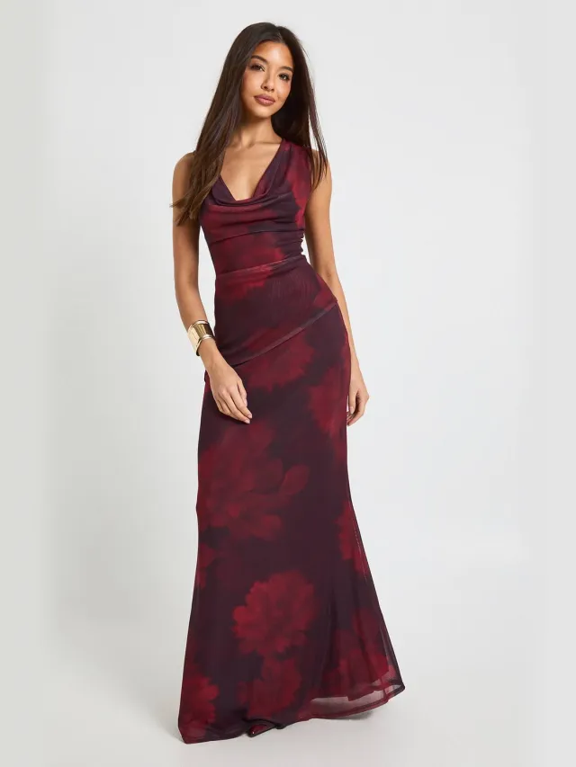 boohoo Dames Tonale Bloemen Mesh Cowl-hals Maxi Jurk Pruim