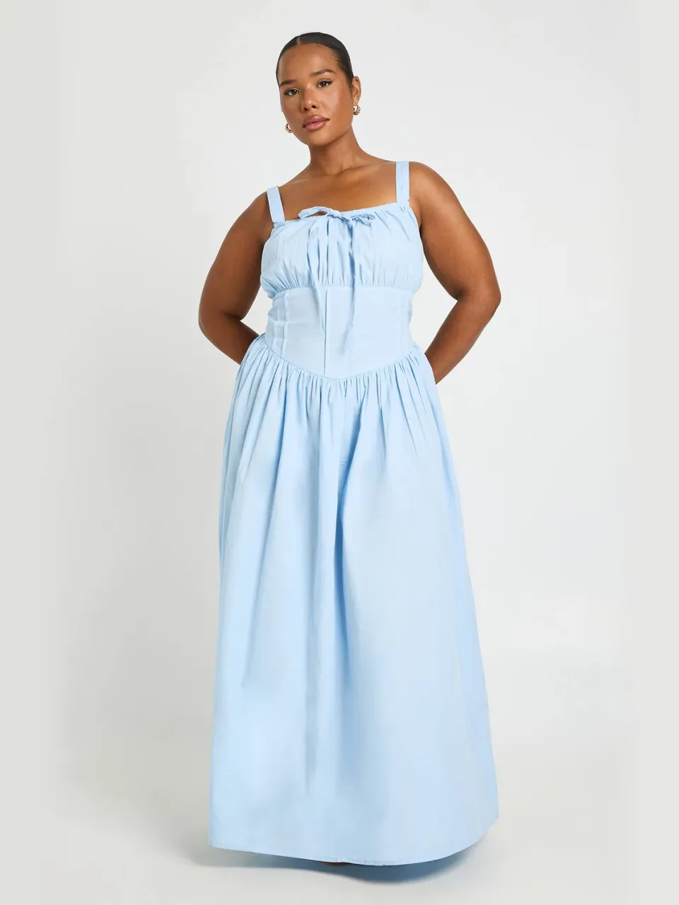 boohoo Dames Plus Maxi Skater Jurk Met Gestructureerd Lijfje Detail En Strikje Vooraan babyblauw, foto 3