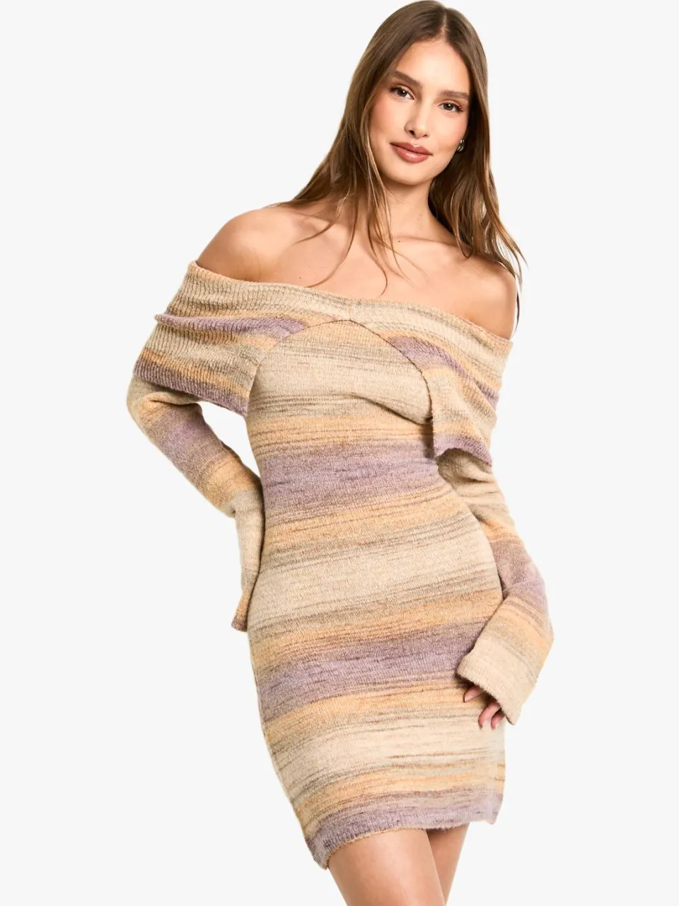 boohoo Dames Bardot gestreepte jumper gebreide jurk multicolor, foto 2