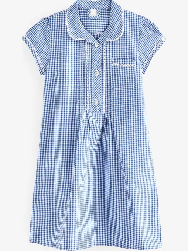 Next Meisjes - Geruite schooljurk met kant, knopen aan de voorkant en hoog aandeel katoen - Blauw Mid Blue