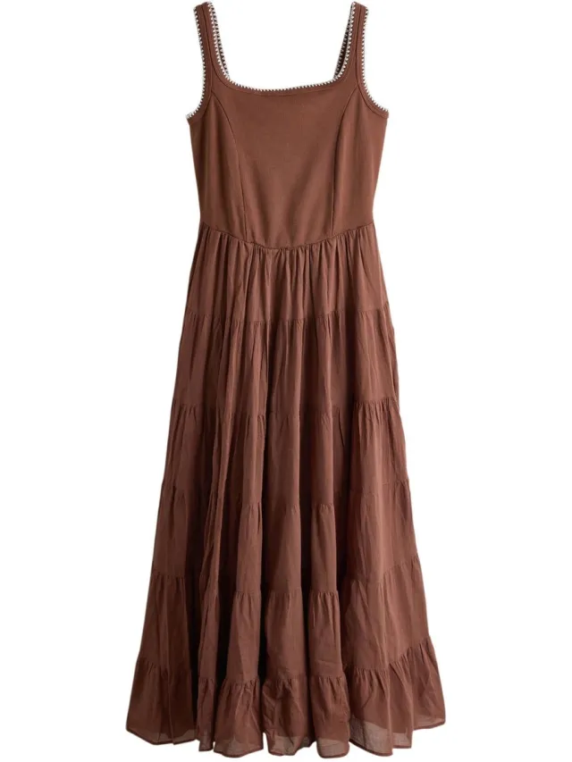 Next Dames - Mouwloze geribbelde midi-jurk met vierkante hals - Bruin