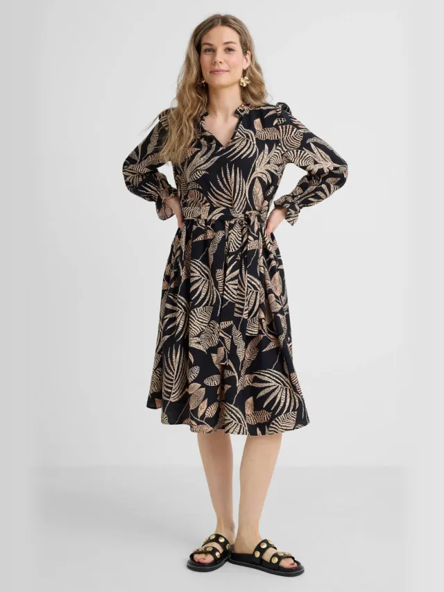 Anytime midi jurk met ruches en bladprint Zwart/beige