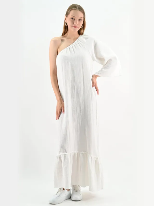 YESMOOI One-Shoulder Maxi Jurk - Linnen Blend - XL (42) Wit