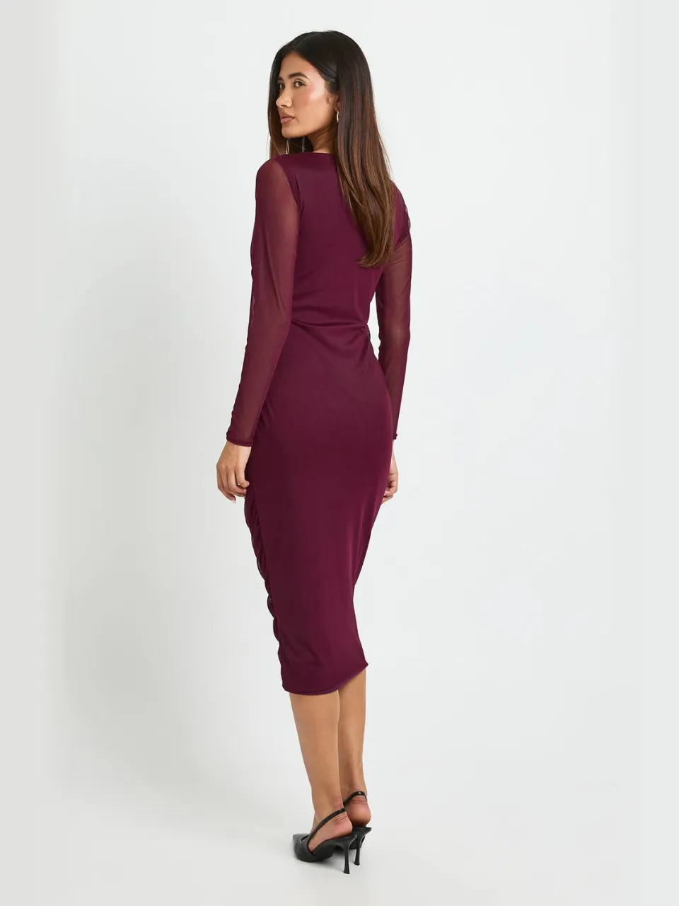 boohoo Dames Midi Bodycon Jurk Met Vierkante Hals En Gerimpelde Mesh pruim, foto 3