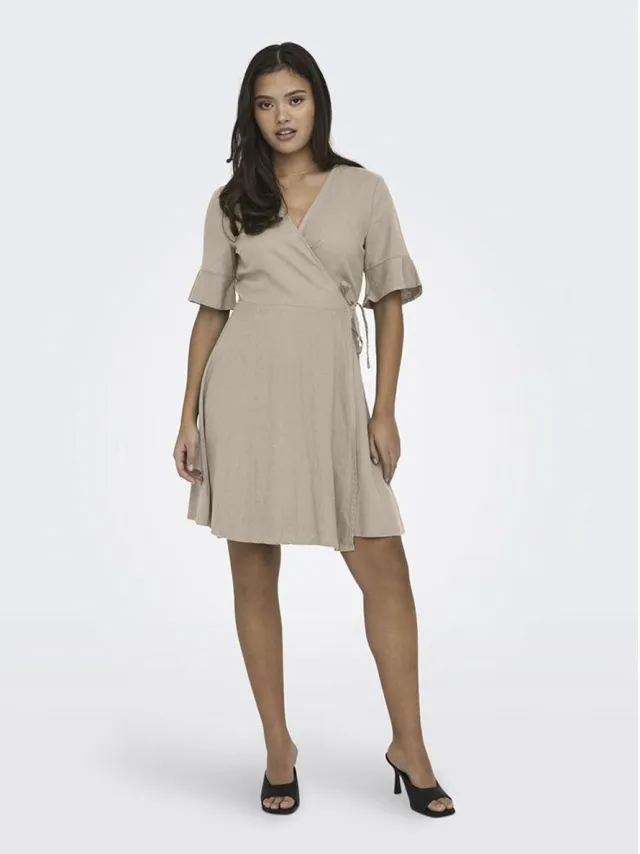 Only Addiction-caro Korte Mouwen Korte Jurk Beige XS Vrouw Oxford Tan