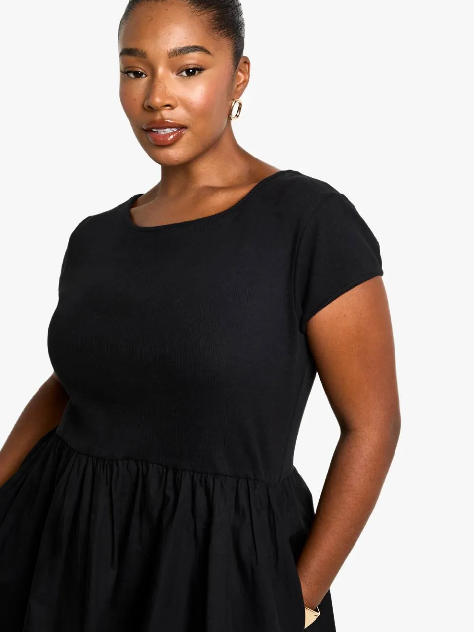 boohoo Dames Plus Rib Katoen Popeline Korte Mouwen Smock Jurk zwart, foto 2