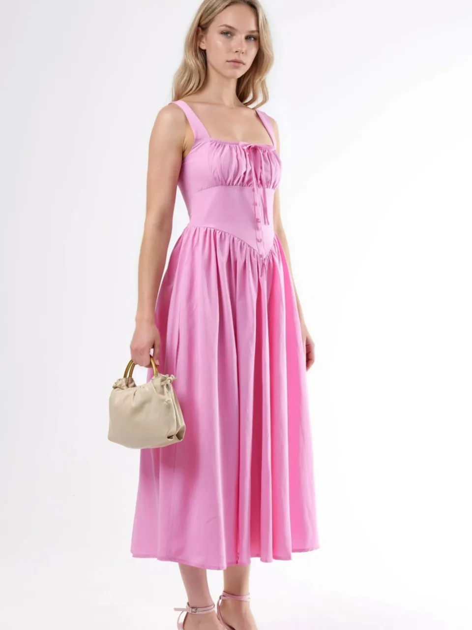 Busem Midi-jurk met vierkante kraag en knoopdetails blush, foto 2