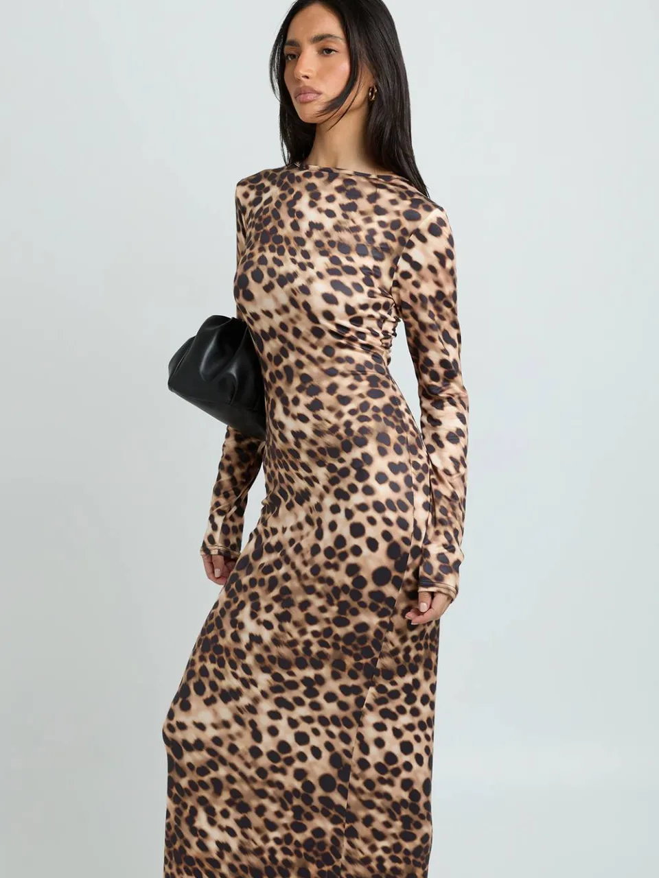 boohoo Dames Tonal Dierenprint Maxi Jurk Met Lange Mouwen chocoladebruin, foto 3