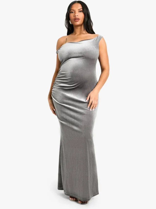 boohoo Dames Plus Velvet Asymmetrische Gerafelde Maxi Jurk Zilvergrijs