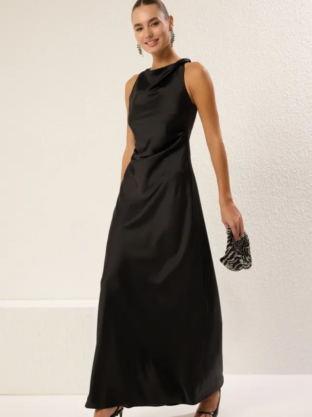 Trendyol TRENDYOLMİLLA Dames Zwart Effen Maxi Mouwloos Diploma-uitreiking / Gala A-lijn Avond & Gala Jurk