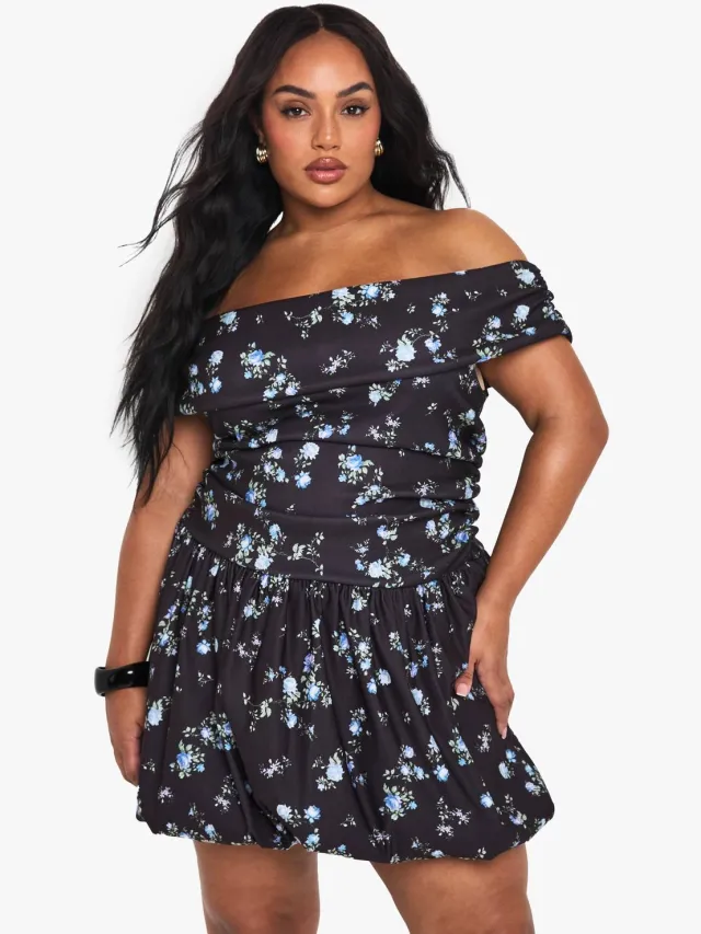 boohoo Dames PLUS DISTY BENGALINE BARDOT PUFFBALL MINI JURK Zwart