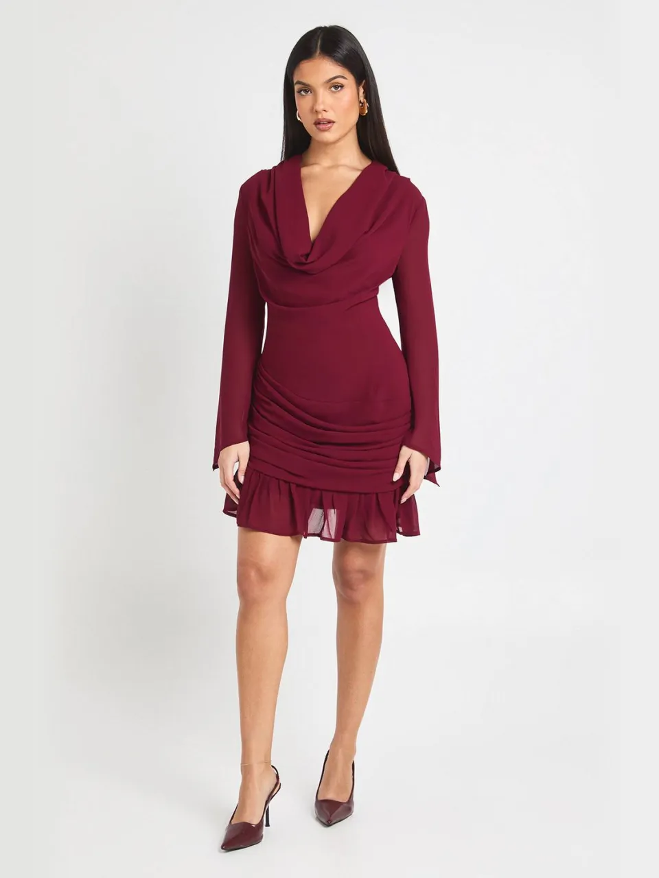 boohoo Dames Cowl Lange Mouwen Mini Jurk Wijn