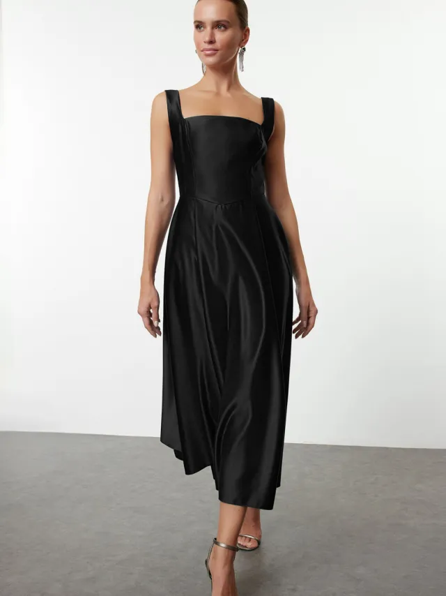 Trendyol TRENDYOLMİLLA Dames Zwart Effen Midi Mouwloos Stijlvol/Avond Skater Jurken