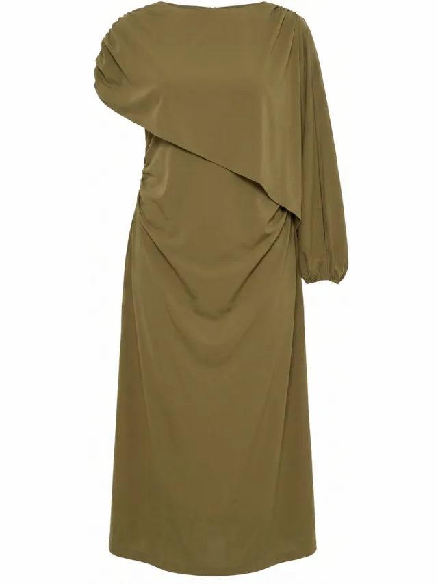 Ulla Popken Dames - Maxi-jurk cape ronde hals lange mouw/korte mouw - Bronsgeel - Maat 54+