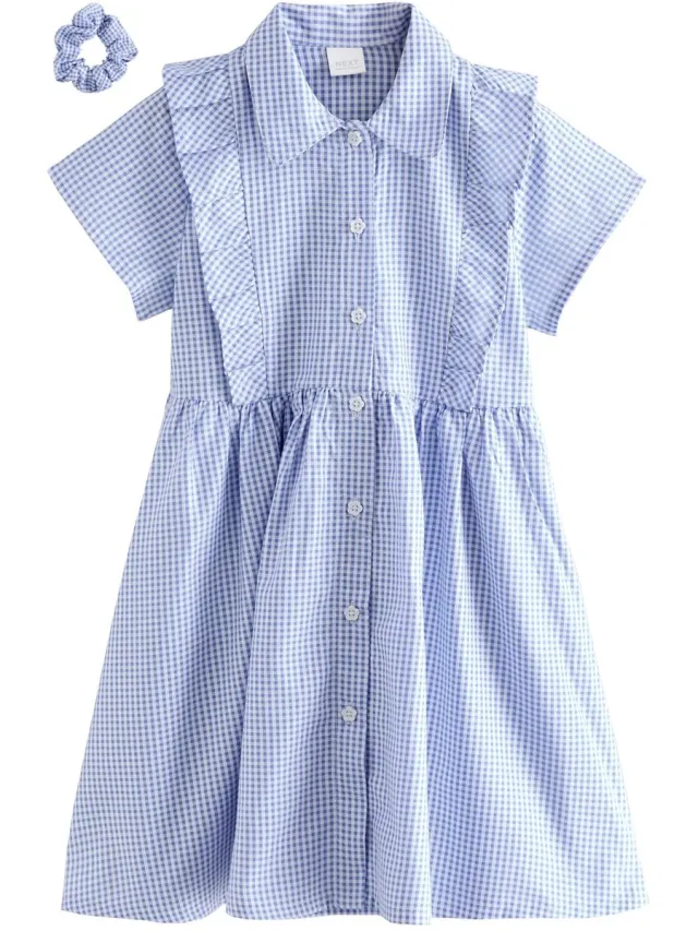 Next Meisjes - Gingham schooljurk met ruches en hoog aandeel katoen - Blauw Blue