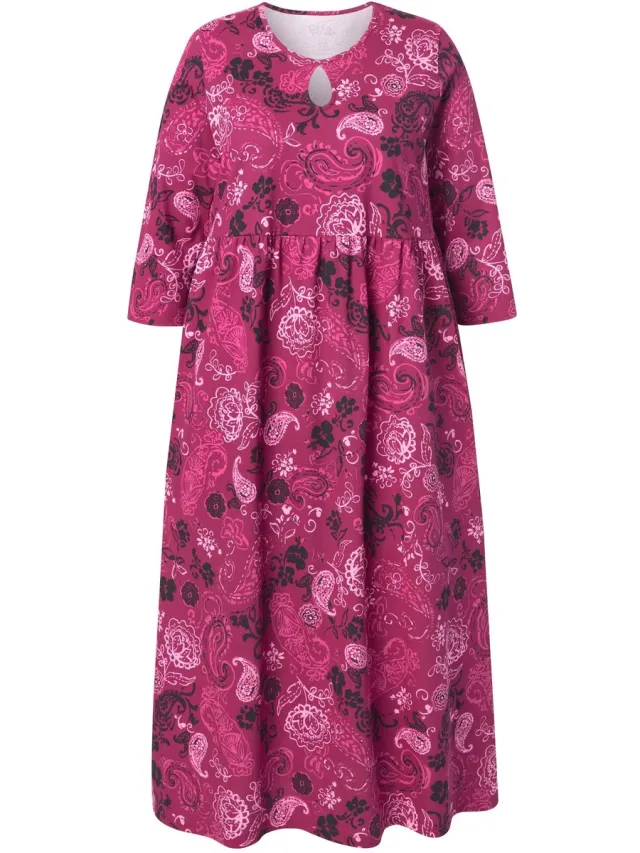Ulla Popken Dames - Maxi-jurk paisley A-lijn ronde hals 3/4-mouwen - Zwart - Maat 46+