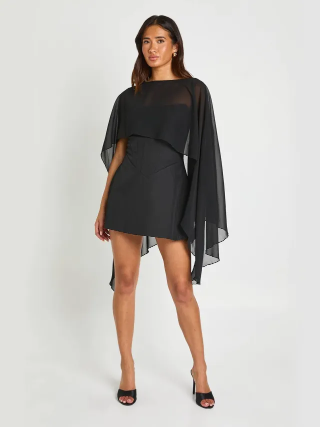 boohoo Dames Chiffon Cape Detail Corset Mini Jurk Zwart