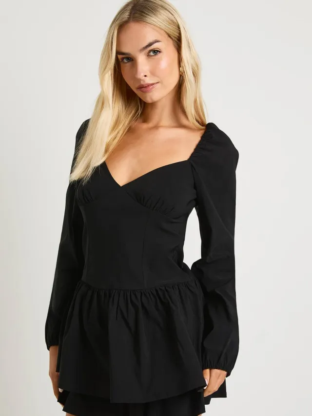 boohoo Dames Ruche lange mouwen melkmeisje mini-jurk Zwart