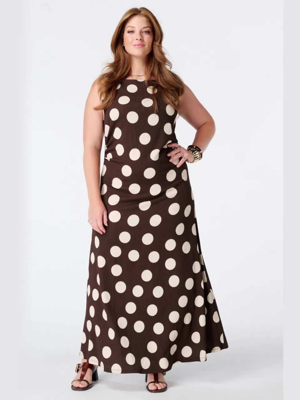 MS Mode midi zomerjurk met stippen Plus Size - bruin Bruin/wit