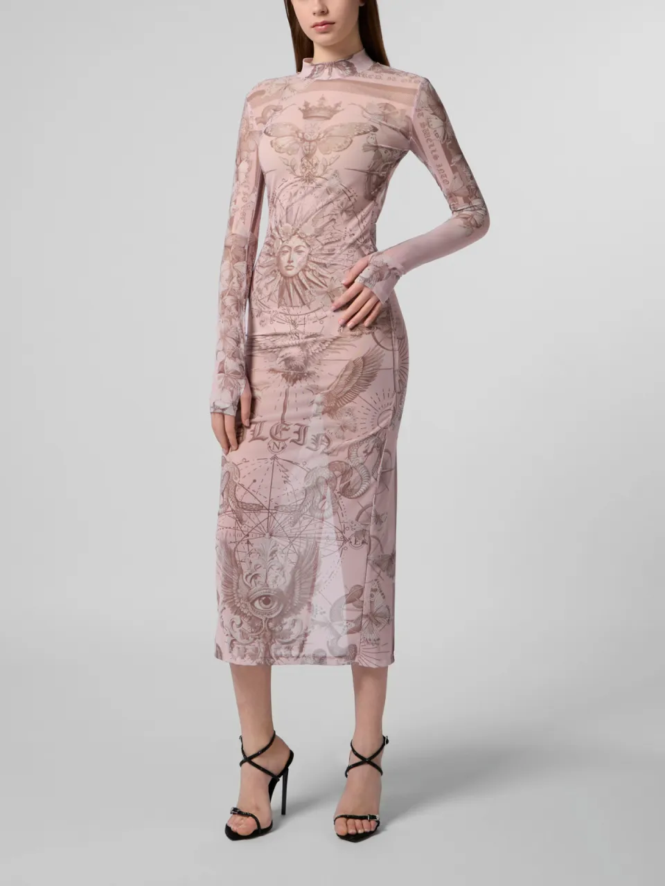Philipp Plein Tulle Maxi Dress Open Back Butterfly Tattoo Rosé