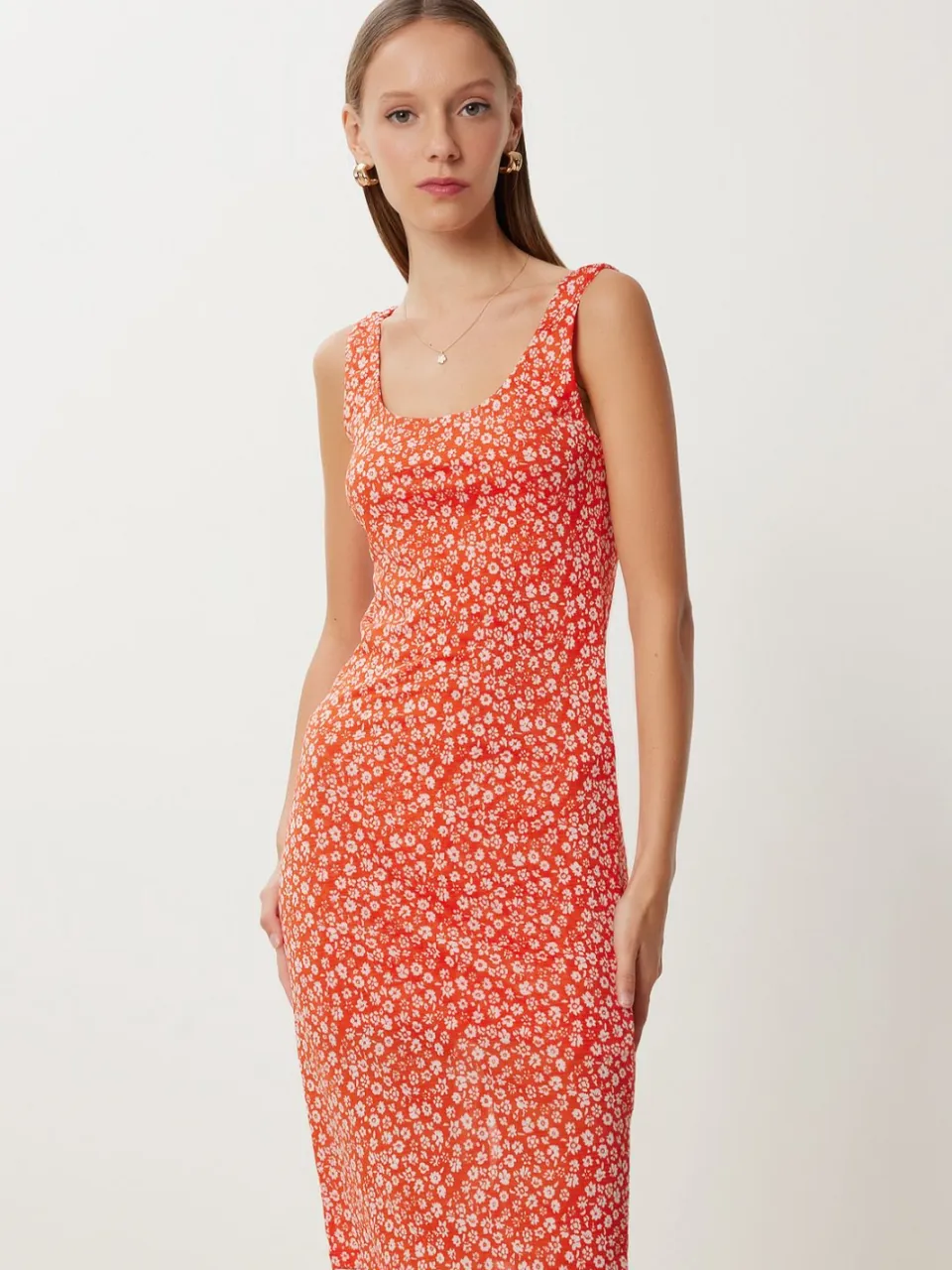 Happiness Istanbul Bloemenprint Mouwloze Midi-jurk met U-hals oranje, foto 2