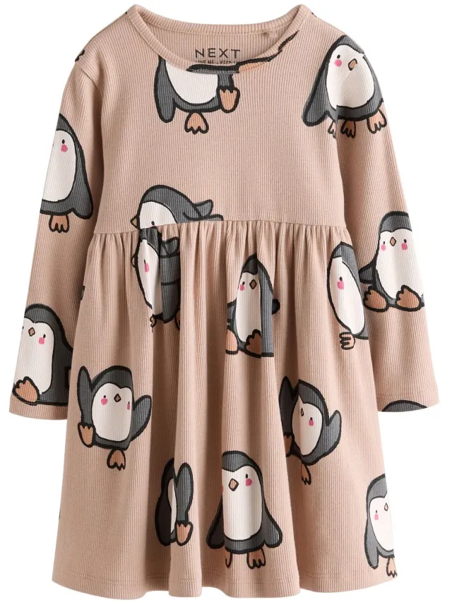 Next Meisjes - Geribbelde jurk met lange mouwen - Bruin Neutral Penguin