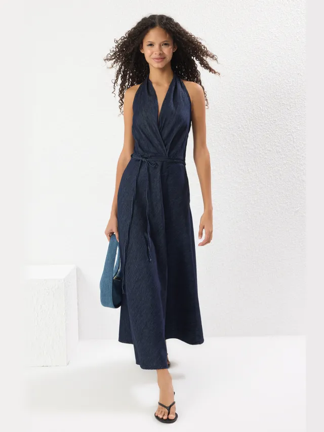 Trendyol TRENDYOLMİLLA Dames Donkerblauw Effen Maxi Mouwloos Casual Skater Jurken