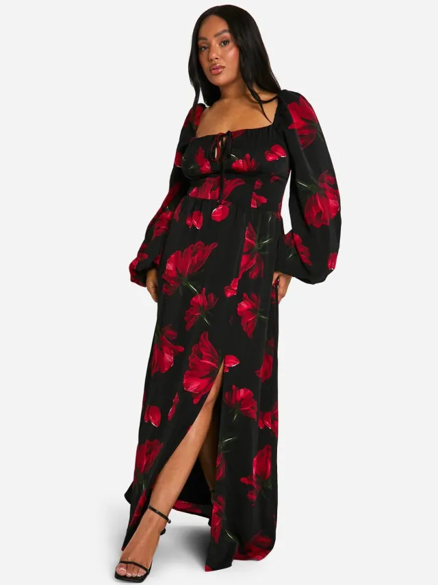boohoo Dames Plus Ditsy Ballonmouw Melkmeisje Maxi-jurk Zwart