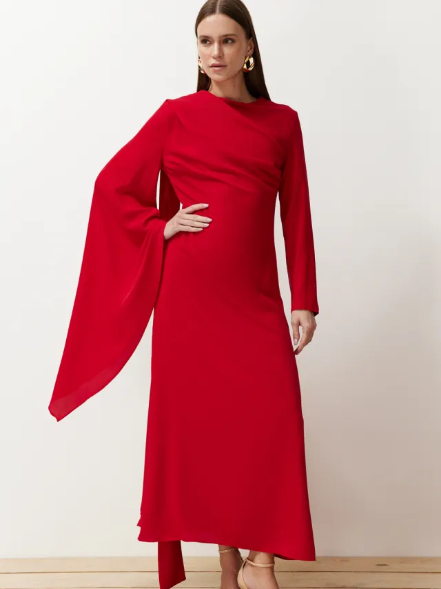Trendyol Modest Dames Rood Effen Maxi Lang Stijlvol/Avond Recht Modest Avond Jurken