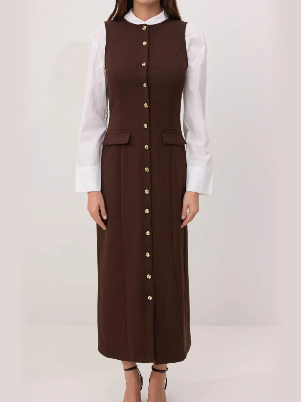 Trendyol Modest Dames Bruin Effen Maxi Mouwloos Casual Recht Modest Jurken, foto 2