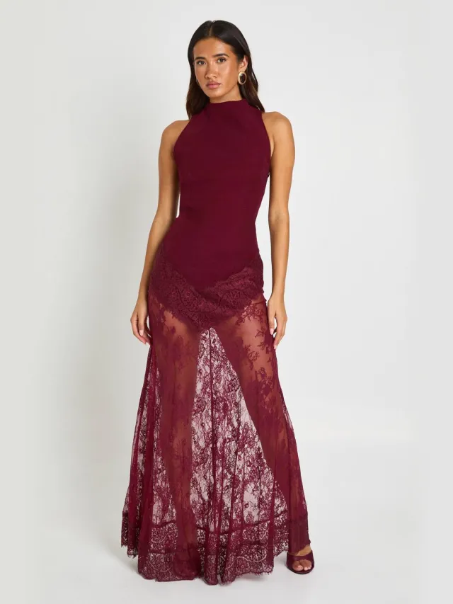 boohoo Dames Maxi jurk met kanten zoom Wijn