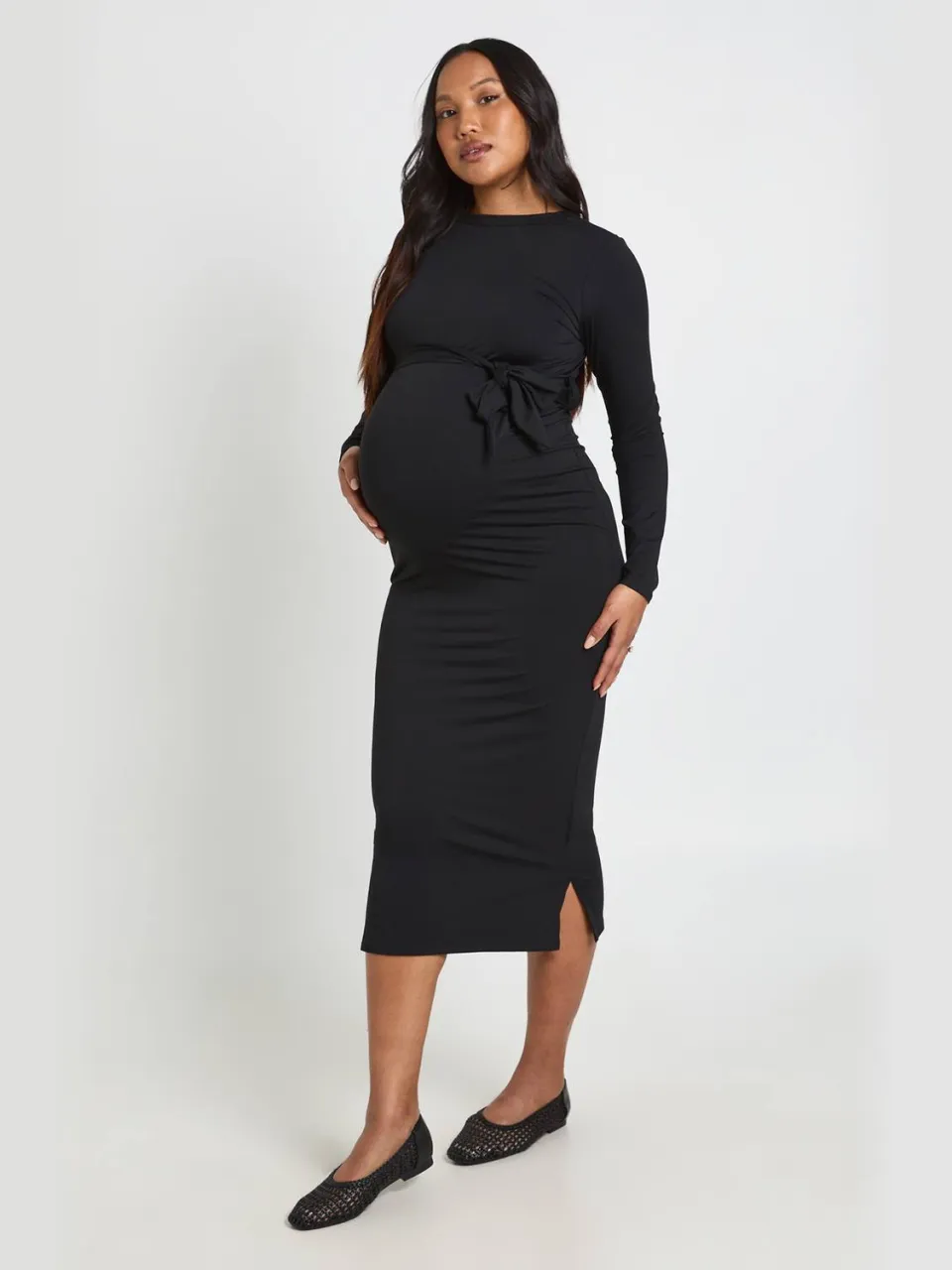 boohoo Dames Zwangerschaps Midi-jurk Met Strikceintuur Zwart