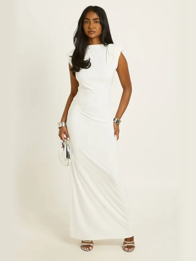 boohoo Dames Maxi Jurk Met Schoudervulling, Open Rug En Verlaagde Taille Ivoor