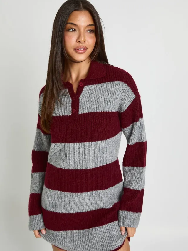 boohoo Dames Petite Gebreide Mini-jurk Met Kraagdetail En Oversized Streepdesign In Rugbystijl Bordeaux Rood