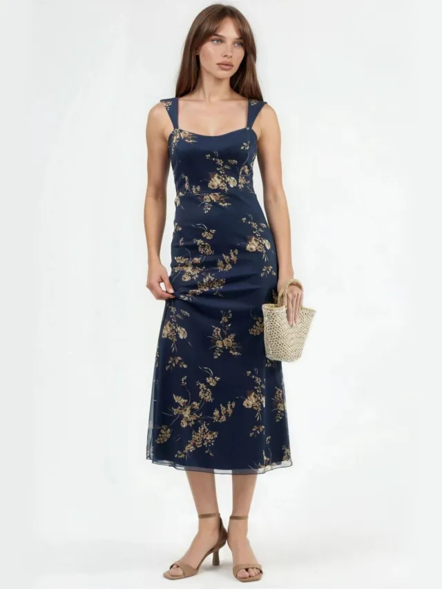Hiccup Bloemen Midi-jurk met Hartkraag Veelkleurig