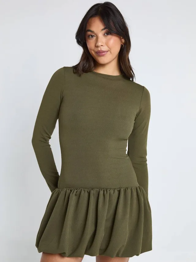 boohoo Dames Geribbelde Puffball mini-jurk Kaki