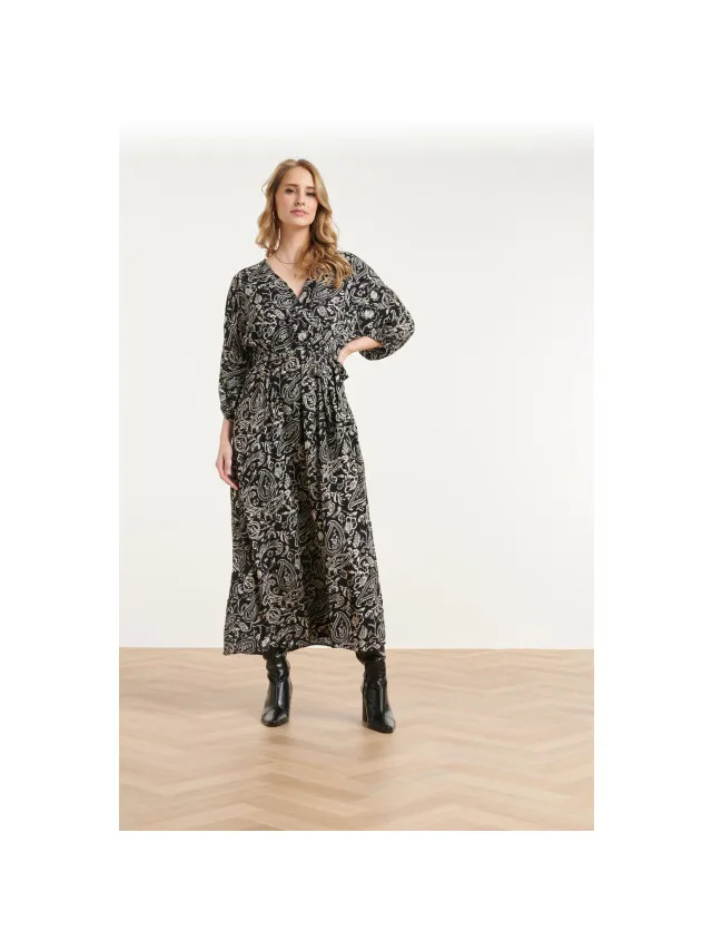 Smashed Lemon Zwarte midi jurk met beige paisley print