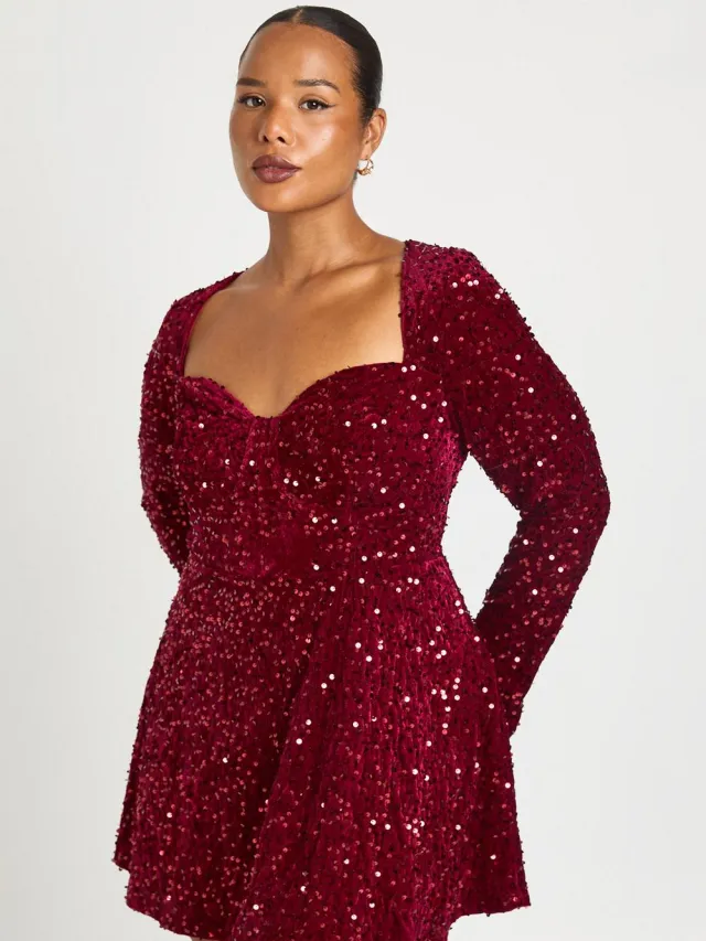 boohoo Dames Plus Skater Jurk Met Hartvormige Halslijn En Lange Mouwen Bessen