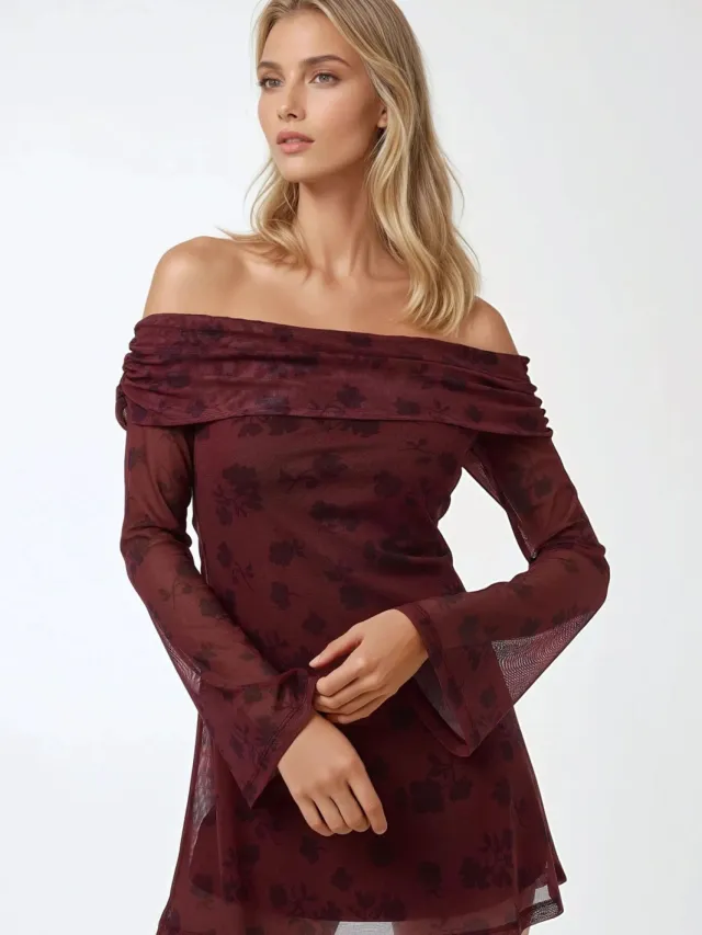 Hiccup Off-Shoulder Bodycon Mini-jurk met Bloemenpatroon Rood