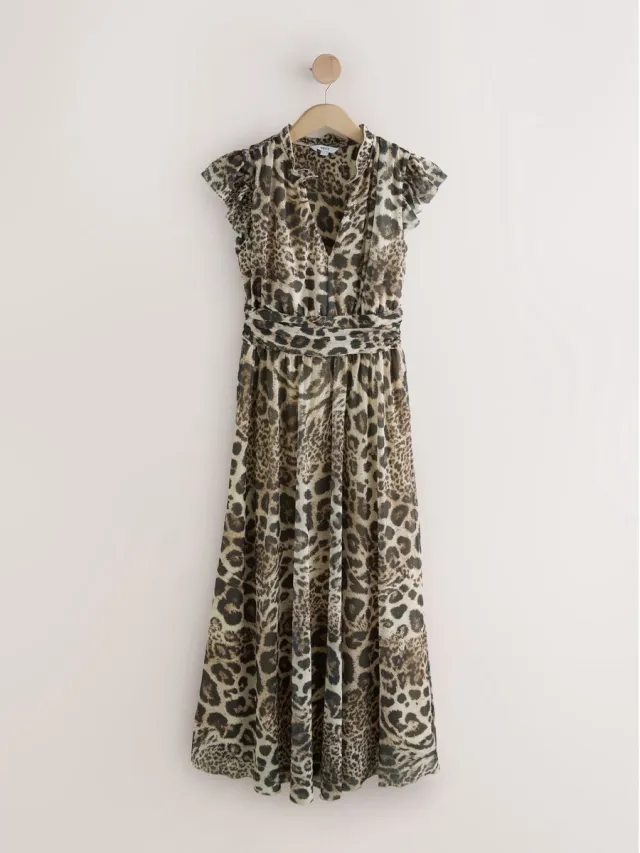 Next Dames - Lange jurk met plooien, mesh en V-hals voor speciale gelegenheden - Dierenprint Brown Animal Print