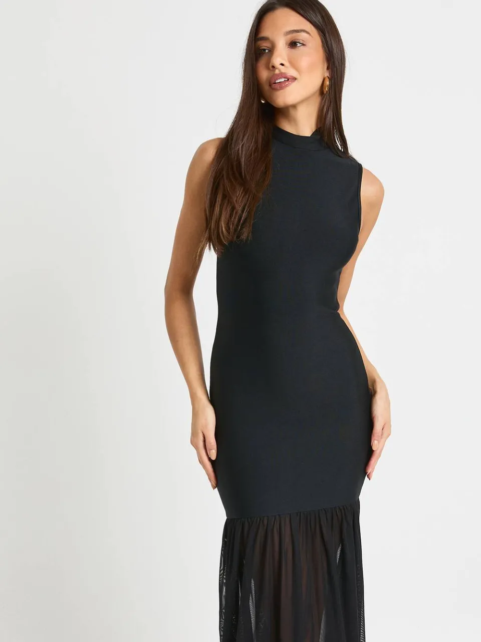 boohoo Dames Bandage Hoge Hals Mesh Rok Maxi Jurk zwart, foto 3