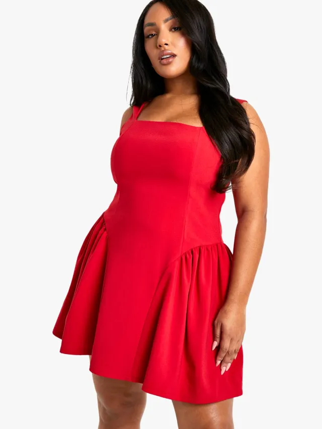 boohoo Dames Plus Skaterjurk met vierkante halslijn Rood