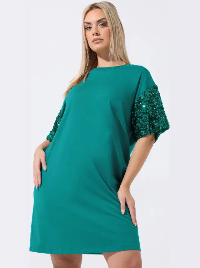 Limited Collection Groene Minijurk Met Pailletten En Korte Mouwen Green