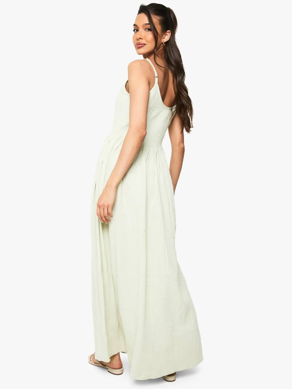 boohoo Dames Gerimpelde katoenen geraffelde maxi-jurk met bandjes mint, foto 2