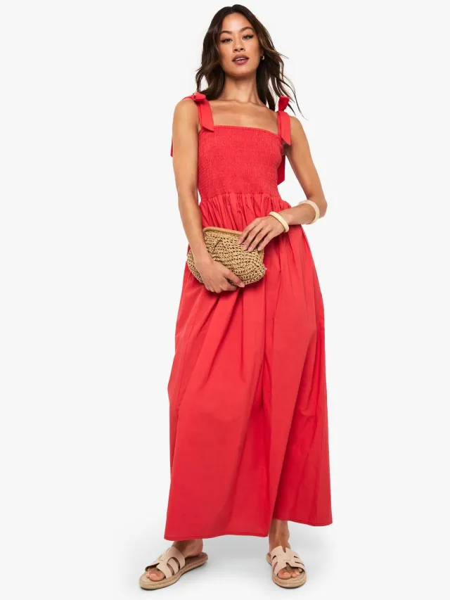 boohoo Dames Lange strikband gerimpelde popeline maxi-jurk Rood